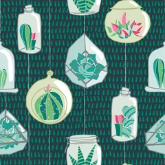Wall murals Terrarium plants Hand drawn colorful hanging terrarium collection on a blue green drop textured background. Seamless vector pattern.