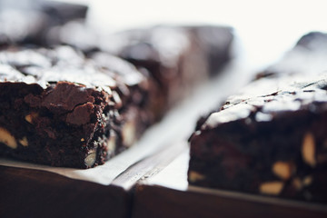 Closeup up of tasty chocolate brownies sitting on a table
