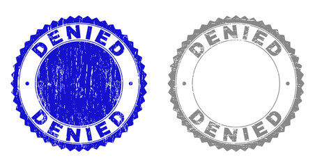 Grunge DENIED stamp seals isolated on a white background. Rosette seals with grunge texture in blue and gray colors. Vector rubber stamp imprint of DENIED label inside round rosette.