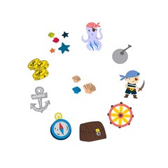 Pirate adventures Pirate party Kindergarten pirate party for children Adventure, treasure, pirates, octopus, whale, ship Kids drawing pattern for banners, leaflets, brochure, invitations