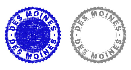 Grunge DES MOINES stamp seals isolated on a white background. Rosette seals with grunge texture in blue and grey colors. Vector rubber overlay of DES MOINES caption inside round rosette.