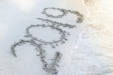 New year 2019 hand witing on the beach