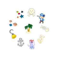 Pirate adventures Pirate party Kindergarten pirate party for children Adventure, treasure, pirates, octopus, whale, ship Kids drawing pattern for banners, leaflets, brochure, invitations