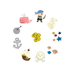 Naklejka premium Pirate adventures Pirate party Kindergarten pirate party for children Adventure, treasure, pirates, octopus, whale, ship Kids drawing pattern for banners, leaflets, brochure, invitations