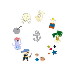 Obraz premium Pirate adventures Pirate party Kindergarten pirate party for children Adventure, treasure, pirates, octopus, whale, ship Kids drawing pattern for banners, leaflets, brochure, invitations