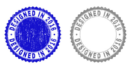 Grunge DESIGNED IN 2016 stamp seals isolated on a white background. Rosette seals with distress texture in blue and grey colors. Vector rubber watermark of DESIGNED IN 2016 tag inside round rosette.