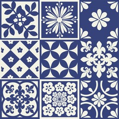 Blue Portuguese tiles pattern - Azulejos vector, fashion interior design tiles 