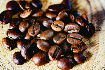 Detail of roasted coffee beans, produced in Colombia.