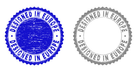 Grunge DESIGNED IN EUROPE stamp seals isolated on a white background. Rosette seals with grunge texture in blue and gray colors.