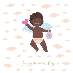 Funny black african smiling cupid character holding valentine