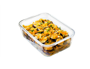 Appetizer of fried and marinated eggplant with onion and carrot in a glass bowl isolated on white background with clipping path