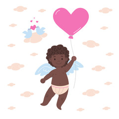 Happy african cupid character holding balloon in shape of heart