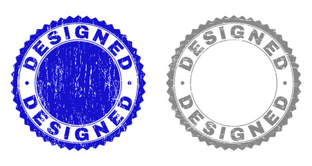 Grunge DESIGNED stamp seals isolated on a white background. Rosette seals with grunge texture in blue and grey colors. Vector rubber stamp imprint of DESIGNED caption inside round rosette.