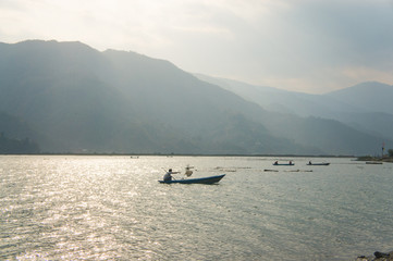 Phewa lake. Pokhara, Nepal with Annapurna range in background.