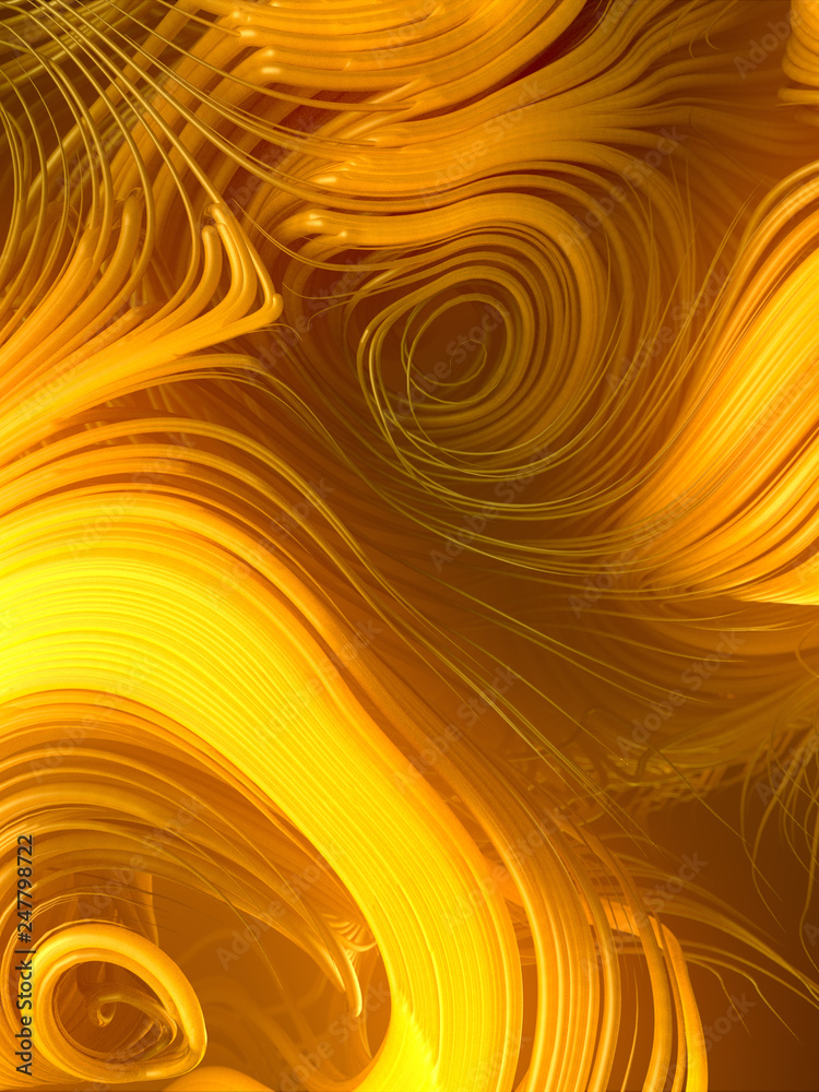 Poster Curl noise flow abstract yellow lines. Very shallow depth of field. 3D rendering