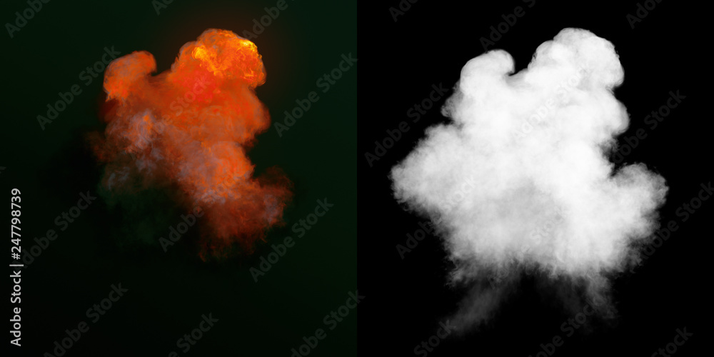 Poster Large explosion with black smoke in dark plus alpha channel. 3d rendering