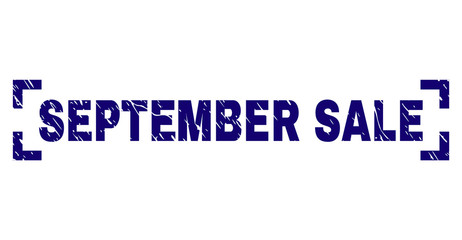 SEPTEMBER SALE title seal print with corroded texture. Text caption is placed between corners. Blue vector rubber print of SEPTEMBER SALE with dirty texture.