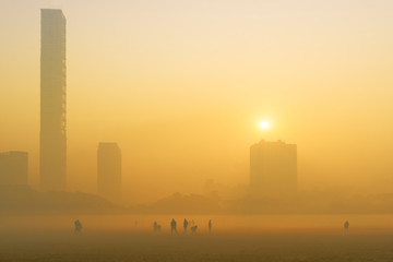 Beautiful image of sunrise at Kolkata maidan in a foggy winter morning. Sunrises at the horizon...