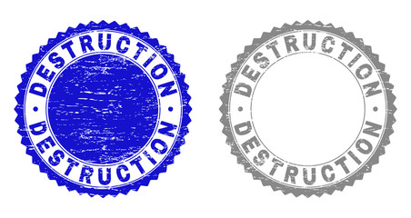 Grunge DESTRUCTION stamp seals isolated on a white background. Rosette seals with grunge texture in blue and grey colors. Vector rubber stamp imitation of DESTRUCTION tag inside round rosette.