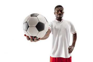 Professional african american football soccer player standing isolated on white studio background.