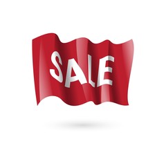 Red sale ribbon banner.Red waving flag with sale. Offer template banner