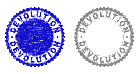 Grunge DEVOLUTION stamp seals isolated on a white background. Rosette seals with grunge texture in blue and gray colors. Vector rubber stamp imitation of DEVOLUTION label inside round rosette.