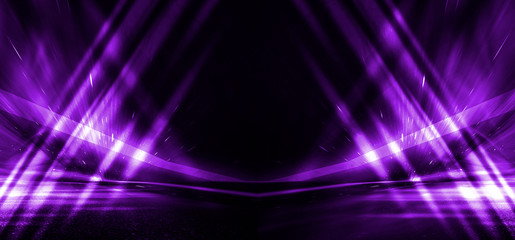 Empty stage background in purple color, spotlights, neon rays. Abstract background of neon lines and rays.