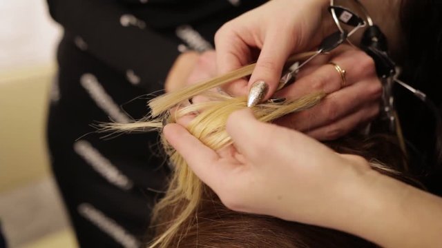 Hairdresser preparing the hair extensions. Hair extensions, hairdresser holding hair blonde, close-up