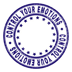 CONTROL YOUR EMOTIONS stamp seal watermark with distress texture. Designed with round shapes and stars. Blue vector rubber print of CONTROL YOUR EMOTIONS text with retro texture.