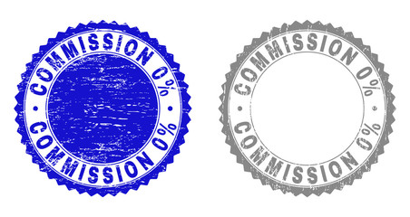 Fototapeta premium Grunge COMMISSION 0% stamp seals isolated on a white background. Rosette seals with grunge texture in blue and gray colors. Vector rubber stamp imprint of COMMISSION 0% caption inside round rosette.