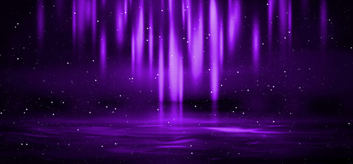 Empty stage background in purple color, spotlights, neon rays. Abstract background of neon lines and rays.