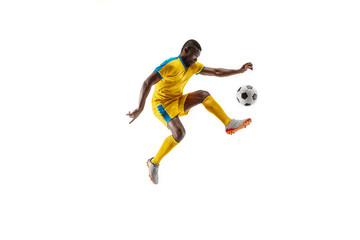 Professional african american football soccer player in motion isolated on white studio background....