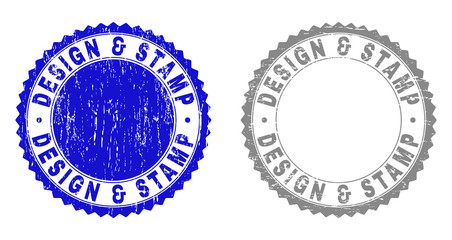 Grunge DESIGN & STAMP seals isolated on a white background. Rosette seals with distress texture in blue and gray colors. Vector rubber stamp imitation of DESIGN & STAMP tag inside round rosette.