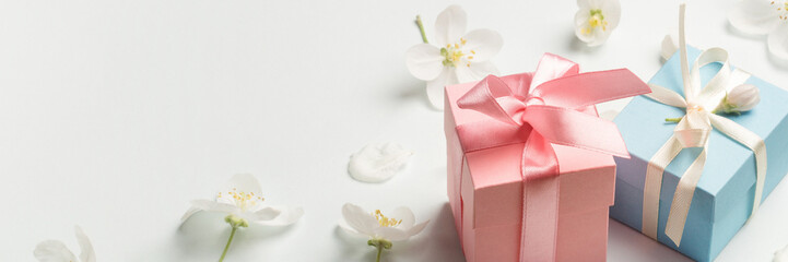 two gifts surrounded by Apple white flowers. blue and pink presents. pretty background