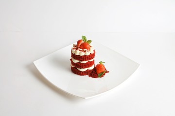 American cake Red velvet with cream cheese and strawberry on white background