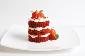 American cake Red velvet with cream cheese and strawberry on white background