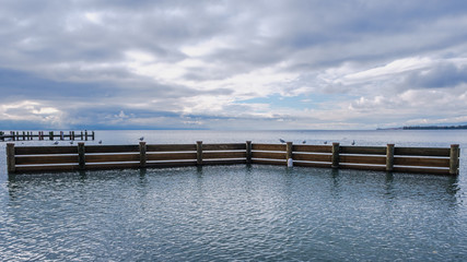 A view on Lake Geneva, with seagulls on a jetty.