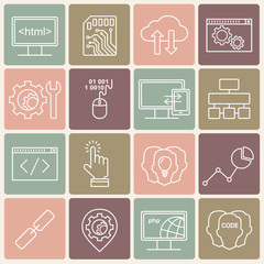 Internet technology and programming linear icons set. Html, php and code line style icons.