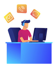 Male operator with headset working at computer in customer support center vector illustration