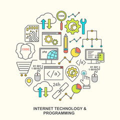 Internet technology and programming pattern with linear icons on white. Line style html, php and code background with place for text.