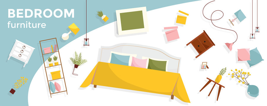 Horizontal banner with a lot of flying Bedroom furniture and text. Interior items - bed, nightstands, plants, pictures, pillows. Cozy set of floating furniture. Flat cartoon style vector illustration