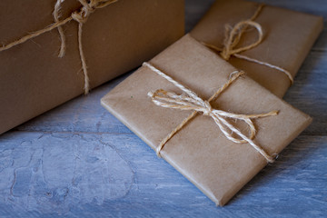 Close up of gift packages on kraft paper