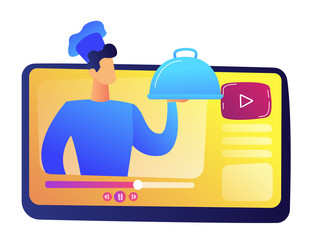 Video with restaurant chef blogger cooking a dish vector illustration. Cooking blogger and gastronomy video, food blogging and culinary, cooking vlog streaming concept. Isolated on white background.