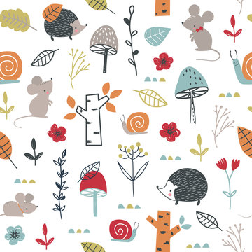 Seamless childish pattern with mouses, snail, hedgehogs and mushroom