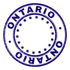 ONTARIO stamp seal watermark with grunge texture. Designed with round shapes and stars. Blue vector rubber print of ONTARIO label with unclean texture.