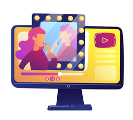 Beauty blogger presenting cosmetics in front of mirror video review on computer vector illustration