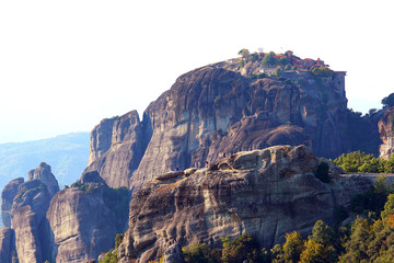 Beautiful light effect at dawn on the rock formations and monasteries of Meteora