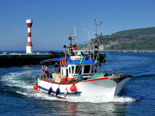 Fishing boat arriving to discharge fish at market.
