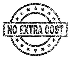 NO EXTRA COST stamp seal watermark with distress style. Designed with rectangle, circles and stars. Black vector rubber print of NO EXTRA COST text with grunge texture.