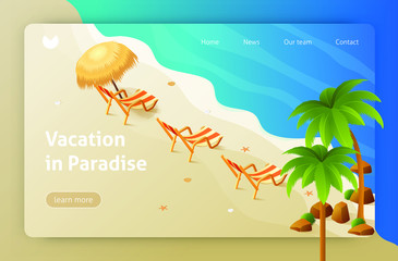 Travel, great design for any purposes. Tropical beach, lounge chair. Isometric vector illustration. Summer holiday. Sand sea ocean. Business vector illustration.